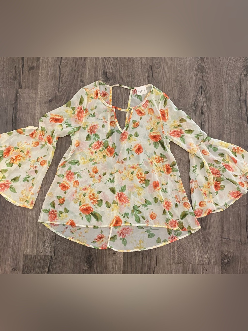 audrey Floral Keyhole Chiffon Tunic in Cream, Orange, Yellow, Green
